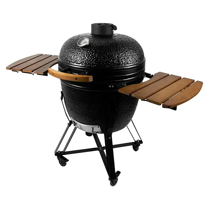 Kingstone Holzkohlegrill Kamado 51 - Durchmesser Grillfläche: 51,5 cm, Schwarz - Schwarzer Keramikgrill mit Holzablagen für Grillmeister.