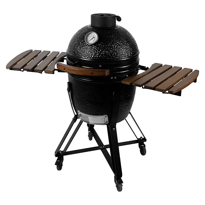 Kingstone Holzkohlegrill Kamado 38 - Durchmesser Grillfläche: 38,3 cm, Schwarz - Schwarzer Keramikgrill mit Holzablagen, ideal für köstliche Grillabende im Freien. Ein hochwertiges Produkt für Grillliebhaber.