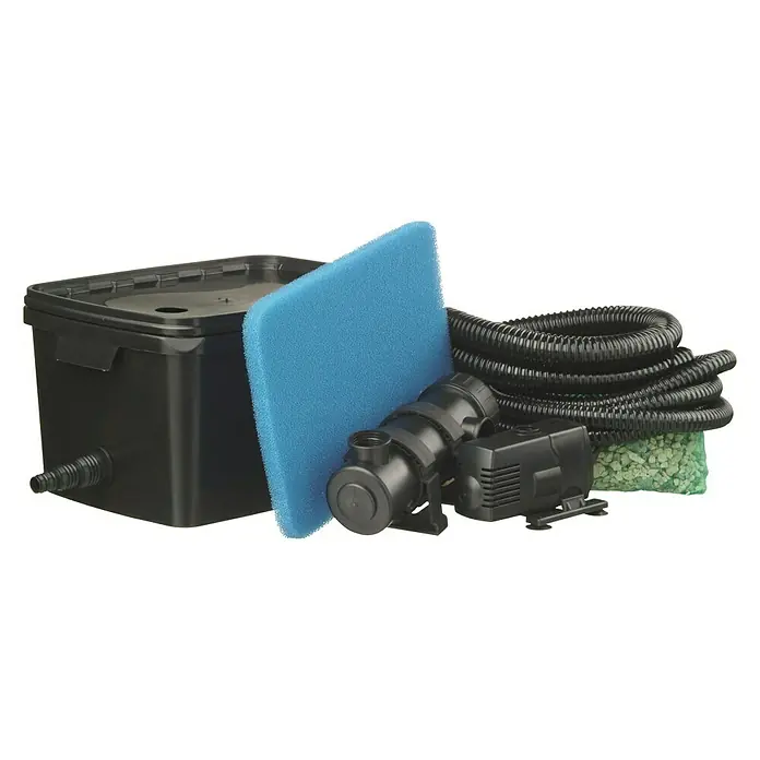 Ubbink Teichinnenfilter Filtrapure 2000 Plus-Set - Fördermenge pro Std.: 600 l - Produktansicht eines Teichfiltersystems, bestehend aus Filter, Pumpe, Schlauch und Filtermedien für sauberes Teichwasser.