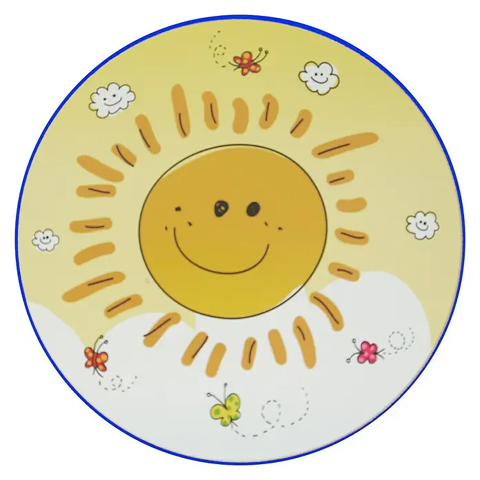 Niermann Kinderzimmerleuchte rund Sunny - 25 W - Teller mit einem lächelnden Sonnendesign, umgeben von Schmetterlingen und Wolken, ideal für Kinder.