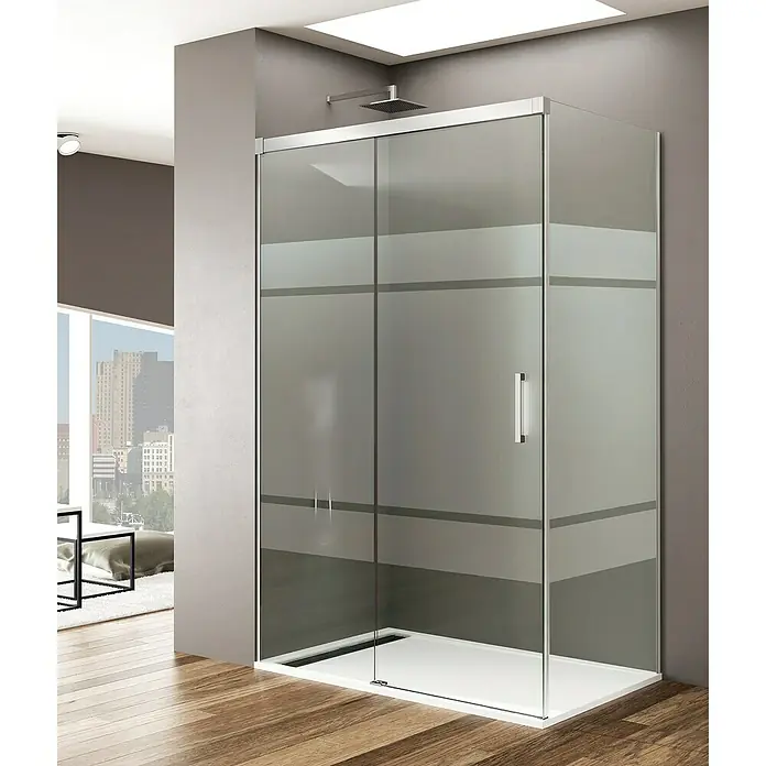 GME Mampara de ducha frontal Basic - L x An x Al: 90 x 160 x 195 cm, Vidrio serigrafiado, Plata brillo - Imagen de una mampara de ducha moderna con puertas correderas y un diseño elegante, perfecta para baños con estilo.