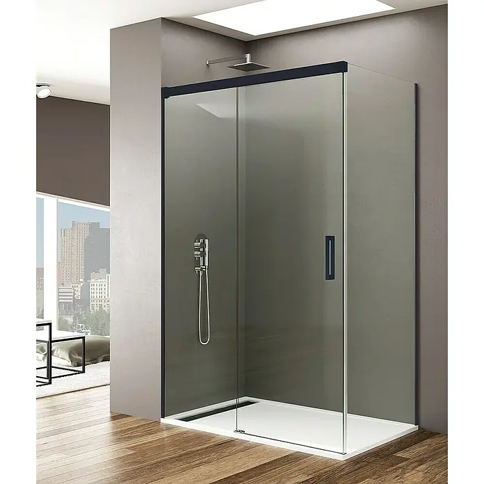 GME Mampara de ducha esquinera Basic Plus - L x An x Al: 90 x 175 x 195 cm, Vidrio transparente, Negro - Baño moderno con una elegante cabina de ducha gris con detalles en negro, que realza el ambiente elegante del espacio.