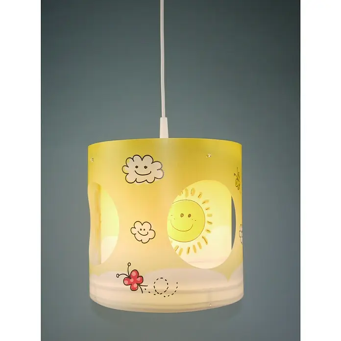 Niermann Pendelleuchte rund Sunny - E27 - Gelbe Kinderzimmerlampe mit Sonne-, Wolken- und Schmetterlingsmotiven, die eine freundliche und verspielte Atmosphäre schafft.