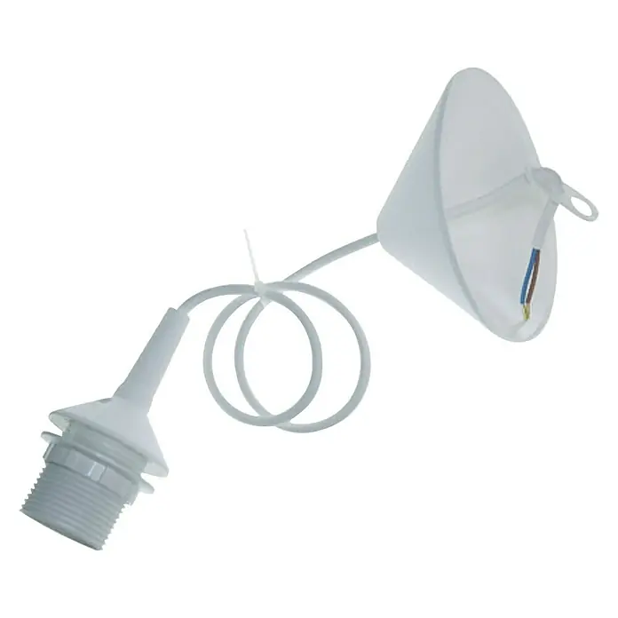 Niermann Pendelleuchte rund Sunny - E27 - Nahaufnahme einer weißen Lampenfassung mit Kabel und Deckenbaldachin, ideal für die Beleuchtung im Innenbereich.