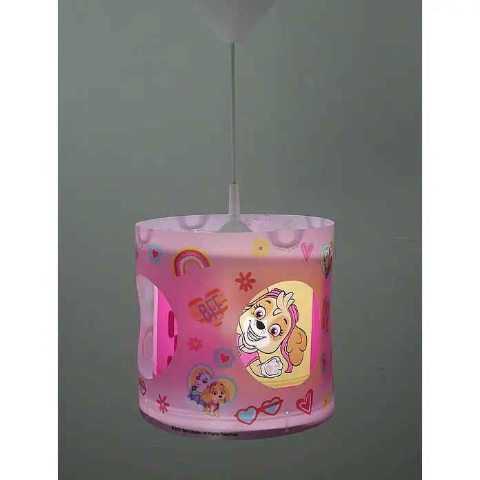 Niermann Pendelleuchte rund Paw Patrol - 60 W, Rosa, E27 - Eine rosafarbene Paw Patrol Hängelampe mit Skye-Motiv, perfekt für ein Kinderzimmer. Die Lampe ist mit bunten Details verziert.