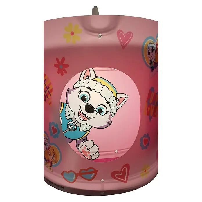 Niermann Pendelleuchte rund Paw Patrol - 60 W, Rosa, E27 - Nahaufnahme eines rosa Kinder-Toilettensitzes mit Skye von Paw Patrol, Herzen und Blumen.