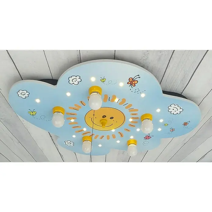 Niermann Kinderzimmerleuchte rund Sunny - 25 W, E14 - Kinderzimmerlampe in Wolkenform mit Sonnenmotiv und Glühbirnen, die eine freundliche und helle Atmosphäre schafft.