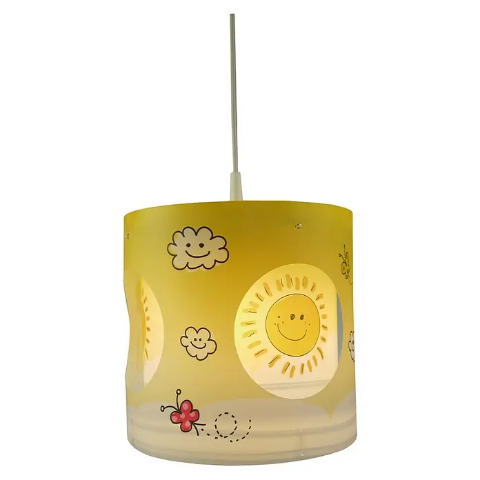 Niermann Pendelleuchte rund Sunny - E27 - Gelbe Kinderzimmer-Hängelampe mit Sonne, Wolken und Schmetterlingen für eine freundliche Atmosphäre.