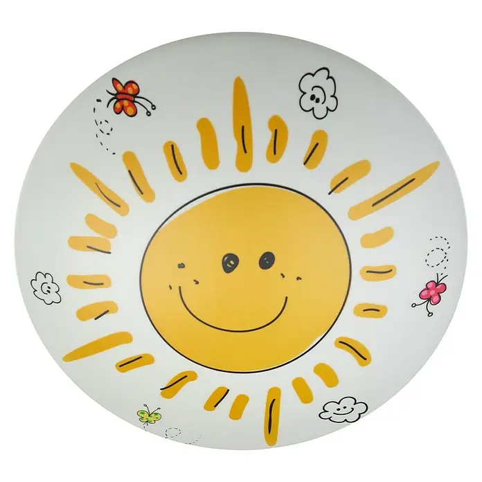 Niermann Kinderzimmerleuchte rund Sunny - 15 W, E27 - Weißer Teller mit einer gelben, lächelnden Sonne und dekorativen Blumen- und Schmetterlingsmotiven, die für gute Laune beim Essen sorgen.