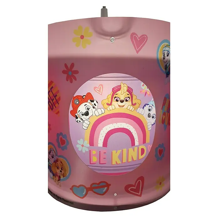 Niermann Pendelleuchte rund Paw Patrol - 60 W, Rosa, E27 - Rosa Paw Patrol Lampe mit Marshall, Skye und Everest, die über einem Regenbogen hervorschauen, auf dem "Sei nett" steht. Ideal für Kinderzimmer.