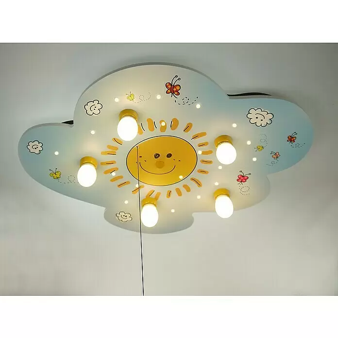 Niermann Kinderzimmerleuchte rund Sunny - 25 W, E14 - Wolkenförmige Deckenleuchte mit lächelnder Sonne, Schmetterlingen und mehreren Glühbirnen, ideal für ein Kinderzimmer.