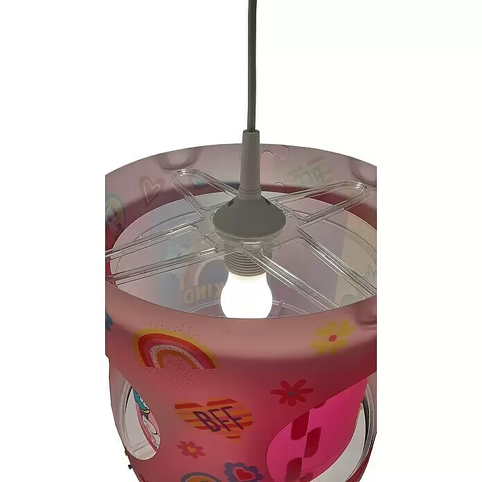 Niermann Pendelleuchte rund Paw Patrol - 60 W, Rosa, E27 - Rosafarbener Kinder-Lampenschirm mit bunten Mustern, klarer Halterung und leuchtender Glühbirne an grauem Kabel.