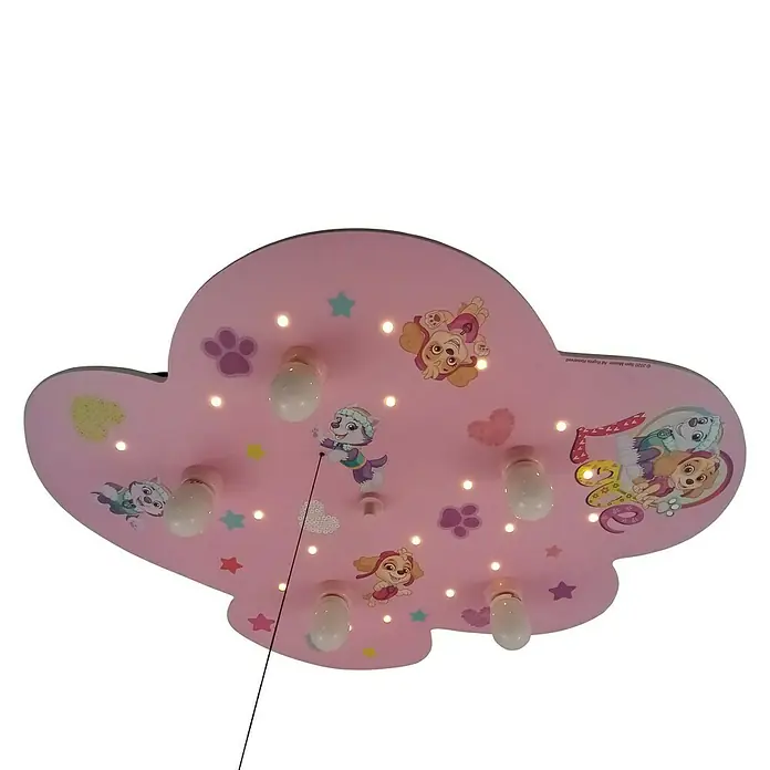 Niermann Kinderzimmerleuchte rund Paw Patrol - 25 W, E14 - Eine rosafarbene Paw Patrol Deckenleuchte in Wolkenform mit verschiedenen Motiven und integrierten Leuchten für Kinderzimmer.
