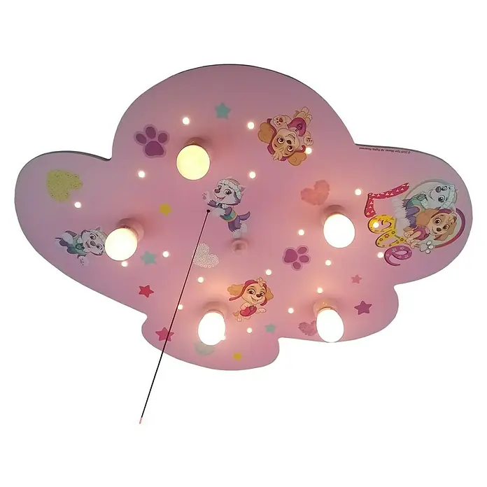 Niermann Kinderzimmerleuchte rund Paw Patrol - 25 W, E14 - Rosa Wolkenlampe mit Paw Patrol-Motiv. Die Lampe hat mehrere Glühbirnen und ist mit Sternen und Herzen verziert. Perfekt fürs Kinderzimmer.