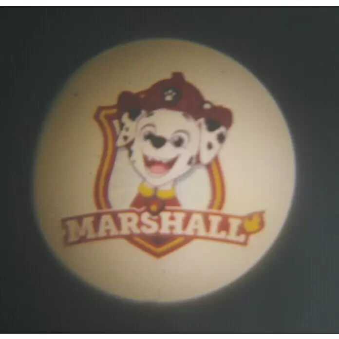 Niermann Taschenlampe Projektor Paw Patrol - Blau, Batteriebetrieben, Kunststoff - Runde Projektion von Marshall aus Paw Patrol mit dem Text 'MARSHALL'.