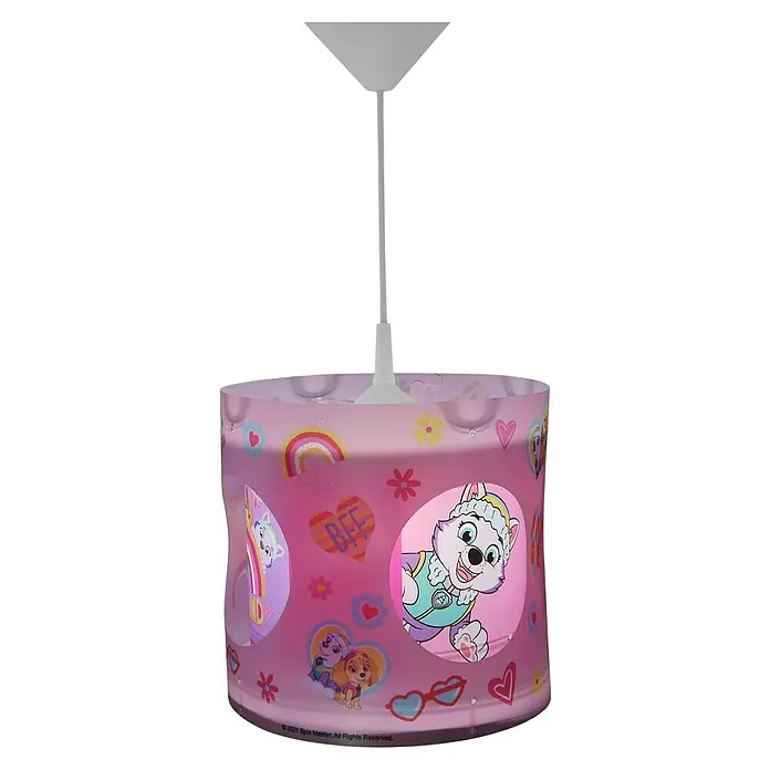 Niermann Pendelleuchte rund Paw Patrol - 60 W, Rosa, E27 - Lampenschirm mit Paw Patrol Design. Die Lampe ist rosa und mit verschiedenen Motiven der beliebten Welpen verziert.