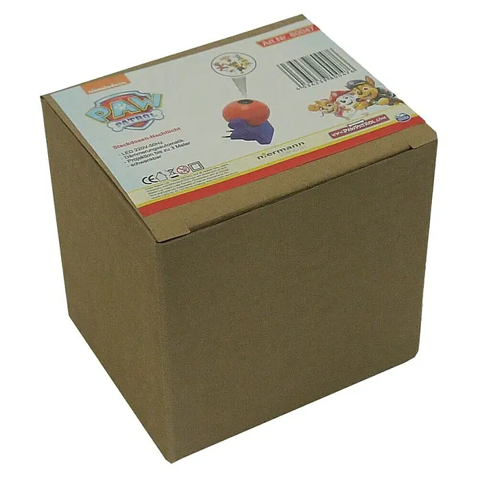 Niermann LED-Nachtlicht Paw Patrol - 1-fach, Netzstecker, Rot/Blau, L x B x H: 90 x 80 x 70 mm - Kartonverpackung einer Paw Patrol Steckdosen-Nachtlicht mit Projektionsfunktion und Dämmerungsautomatik für Kinderzimmer.