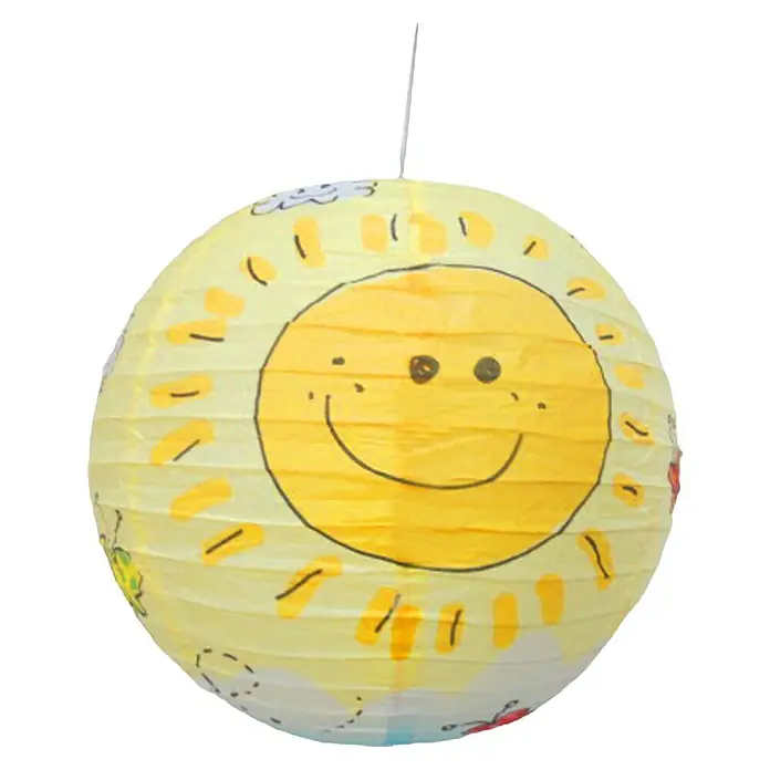 Niermann Pendelleuchte rund Fröhliche Sonne - Gelb - Gelbe Papierlaterne mit einem lächelnden Sonnengesicht, ideal für Kinderzimmer und Partys.
