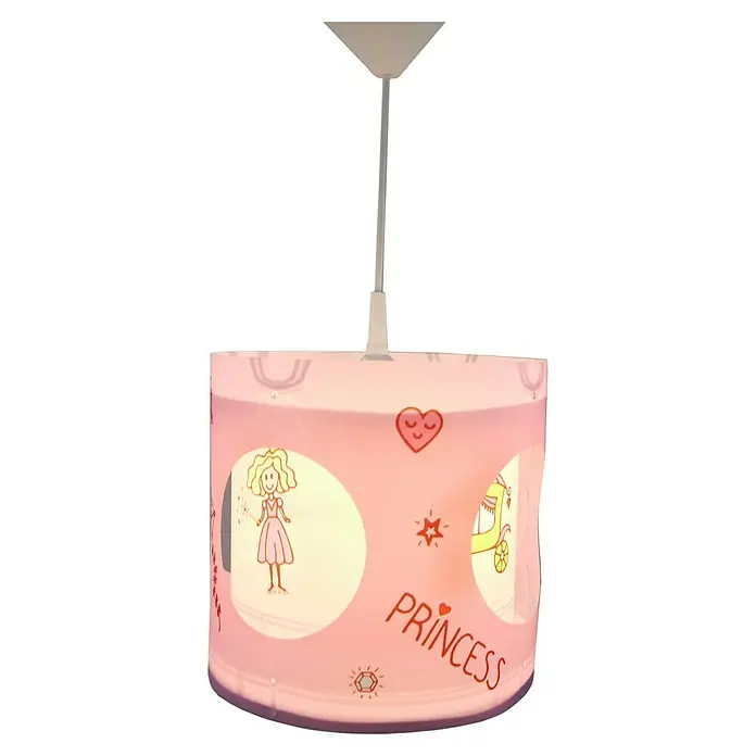 Niermann Pendelleuchte rund Prinzessin - E27 - Kinderzimmerlampe mit Prinzessinnenmuster. Die Lampe ist rosa und hat Motive wie eine Prinzessin, ein Herz und die Aufschrift "Princess".