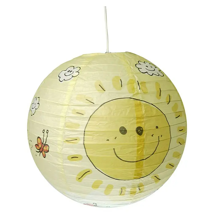 Niermann Pendelleuchte rund Fröhliche Sonne - Gelb - Gelbe Kinderzimmer-Papierlaterne mit lächelnder Sonne, Wolken und Schmetterlingen für eine freundliche Atmosphäre.