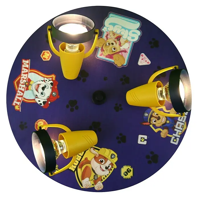 Niermann Kinderzimmerleuchte rund Paw Patrol - 35 W, GU10 - Paw Patrol Deckenleuchte mit gelben Fassungen und den Charakteren Marshall, Skye, Chase und Rubble.