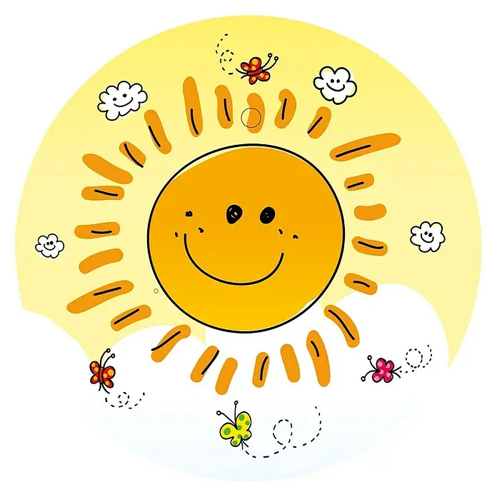Niermann Tischleuchte Sunny - 9 W, GX53 - Lachende Sonne mit Wolken und Schmetterlingen auf gelbem Hintergrund, ideal für Kinderzimmerdekoration und fröhliche Designs.