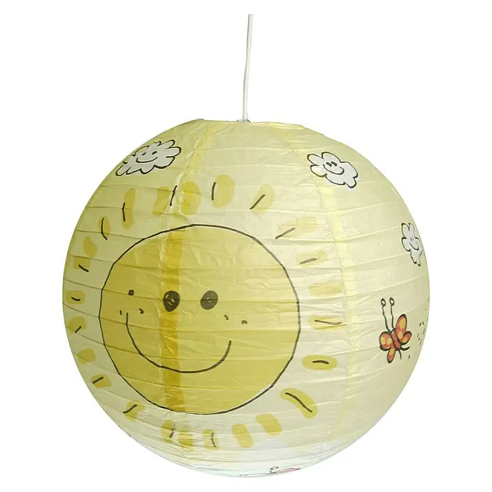 Niermann Pendelleuchte rund Fröhliche Sonne - Gelb - Gelbe Papierlaterne mit einem lachenden Sonnengesicht, Wolken und einem Schmetterling, ideal für Kinderzimmer.