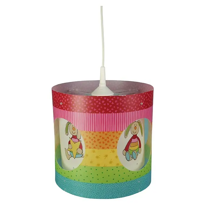 Niermann Pendelleuchte rund Rainbow Rabbit - 60 W, E27 - Hängelampe für Kinderzimmer mit bunten Mustern und Hasenmotiven, die eine fröhliche Atmosphäre verbreitet.