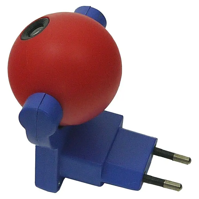 Niermann LED-Nachtlicht Paw Patrol - 1-fach, Netzstecker, Rot/Blau, L x B x H: 90 x 80 x 70 mm - Nahaufnahme einer roten Kugel-Nachtleuchte mit blauer Basis und Stecker auf schwarzem Hintergrund.