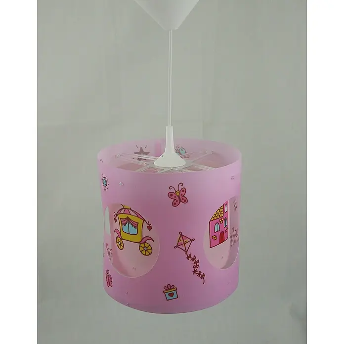 Niermann Pendelleuchte rund Prinzessin - E27 - Rosa Kinderzimmerlampe mit Kutsche, Haus und Drachenmotiven, ideal für Mädchenzimmer. Sorgt für eine angenehme Beleuchtung.