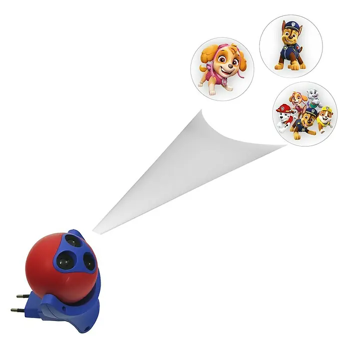 Niermann LED-Nachtlicht Paw Patrol - 3-fach, Netzstecker, Rot/Blau, L x B x H: 100 x 90 x 100 mm - Das Bild zeigt einen Paw Patrol Projektor. Der Projektor hat die Farben Rot und Blau und projiziert verschiedene Paw Patrol Motive an die Wand.