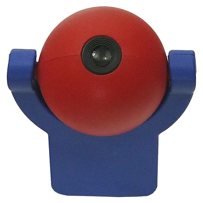 Niermann LED-Nachtlicht Paw Patrol - 1-fach, Netzstecker, Rot/Blau, L x B x H: 90 x 80 x 70 mm - Nahaufnahme einer roten, kugelförmigen Webcam auf einer blauen Halterung, ideal für Videokonferenzen und Streaming.
