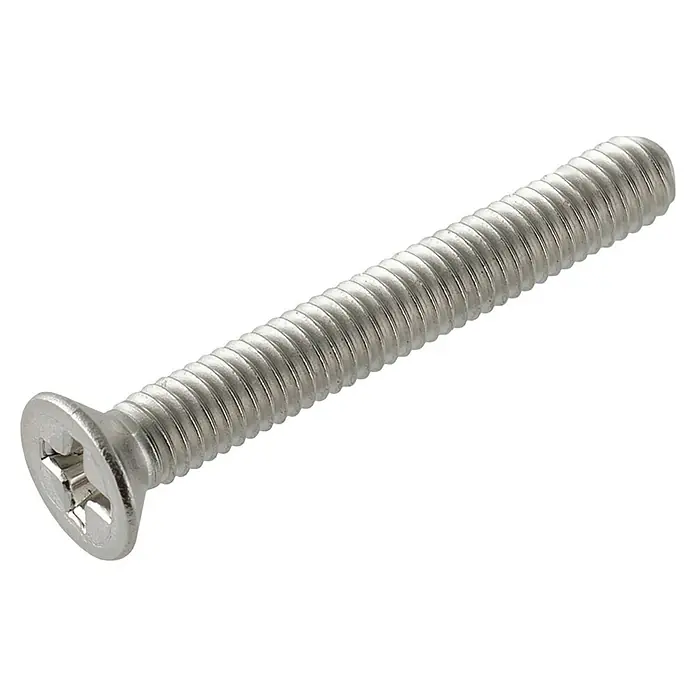 Stabilit Senkkopfschraube A2 - M 6, Länge: 10 mm, Edelstahl, 8 Stk. - Nahaufnahme einer versenkten Kreuzschlitzschraube aus Metall, die sich ideal für Holz- und Metallarbeiten eignet.