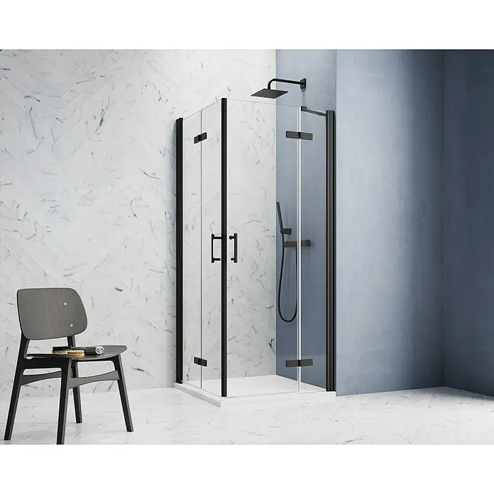 GEO Hit Pro Eckdusche B-PE430 - 80 x 100 x 202,2 cm, Beschichtet, Schwarz, Glasstärke: 6 mm - Elegante Duschkabine mit schwarzem Rahmen und Armaturen. Das Design ist modern und passt gut in ein stilvolles Badezimmer.