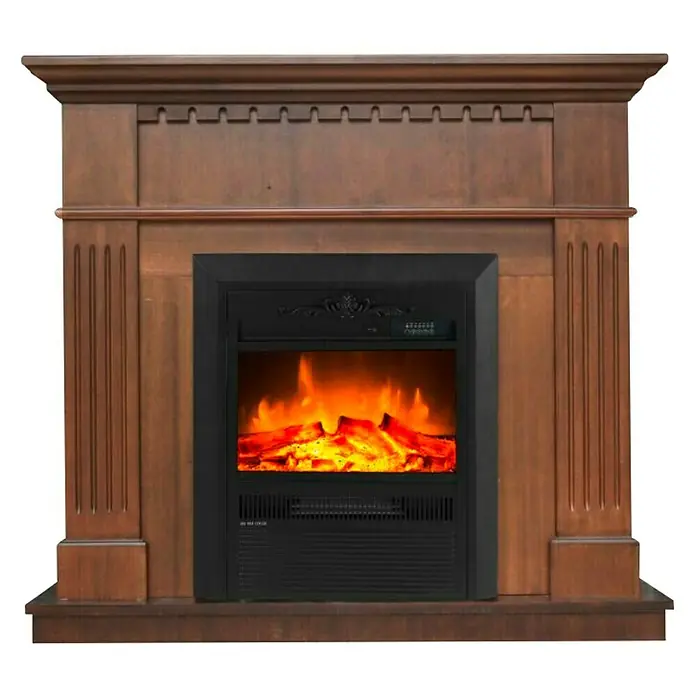 Voltomat HEATING Elektrischer Kamin - 2.000 W, Braun/Schwarz, 26 x 109 x 110 cm - Ein detailreicher elektrischer Kamin mit einer täuschend echten Flammenillusion in einem braunen Holzrahmen.