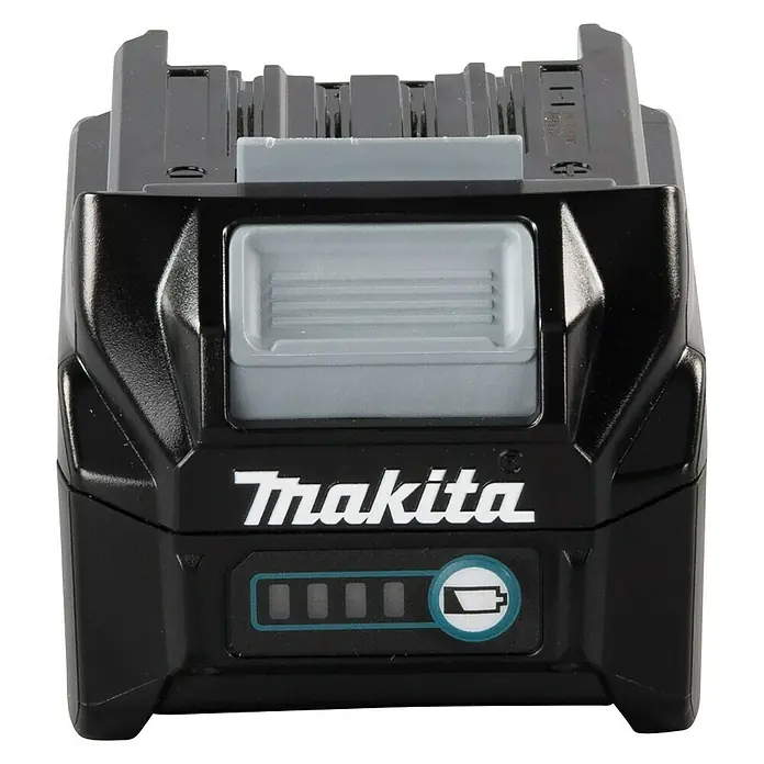 Makita XGT 40V max. Akku BL4025 - 40 V, 2,5 Ah - Nahaufnahme eines Makita-Akkus mit Ladestandsanzeige. Ideal für Elektrowerkzeuge, bietet dieser Akku zuverlässige Leistung.