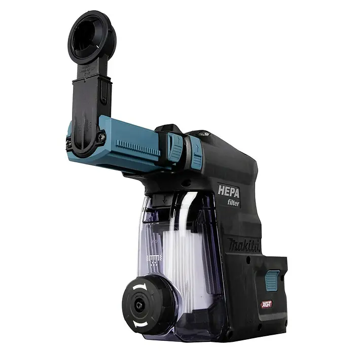 Makita XGT 40V max. Staubabsaugung DX 12 - Passend für: Makita Akku-Kombihammer HR003 - Abbildung eines Makita-Staubsaugers mit HEPA-Filter, ideal für die Reinigung von Baustellen und Werkstätten.\n