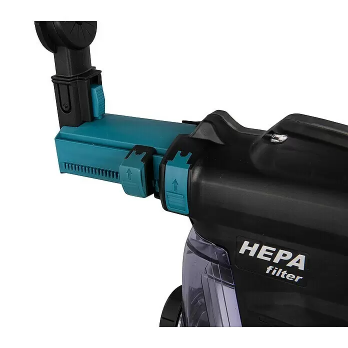 Makita XGT 40V max. Staubabsaugung DX 12 - Passend für: Makita Akku-Kombihammer HR003 - Nahaufnahme eines schwarz-türkisen Staubsaugers mit transparentem Staubbehälter und HEPA-Filteretikett. Türkise Entriegelungsriegel sind sichtbar.