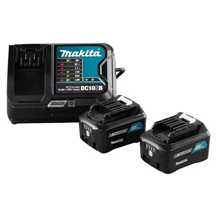 Makita CXT 12V max. Batería y cargador - 12 V, 2 baterías, 4 Ah - Cargador de batería Makita negro y dos baterías de iones de litio Makita 12V max negras.