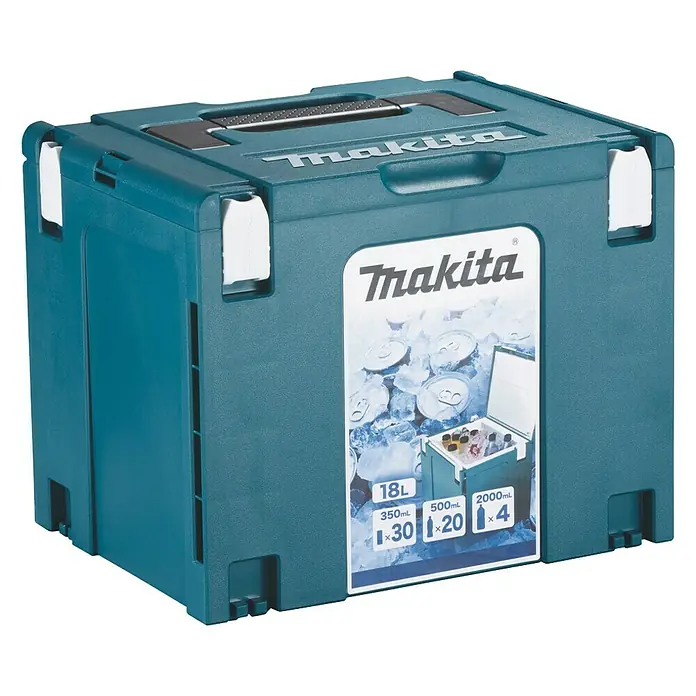 Makita Kühlbox MAKPAC Gr. 4 - 18 l - Abbildung einer blauen Makita Kühlbox mit einer Kapazität von 18 Litern für den Transport von Getränken.
