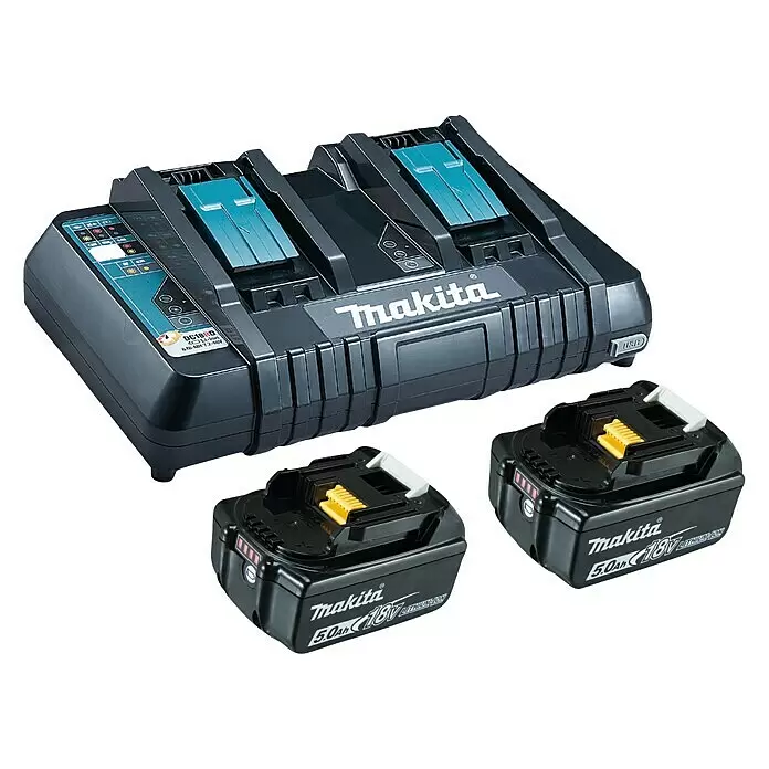 Makita LXT 18V Batería y cargador Power Source Kit - 18 V, 5 Ah, 2 baterías - Cargador doble Makita negro con dos baterías de iones de litio negras 18V 5.0Ah.