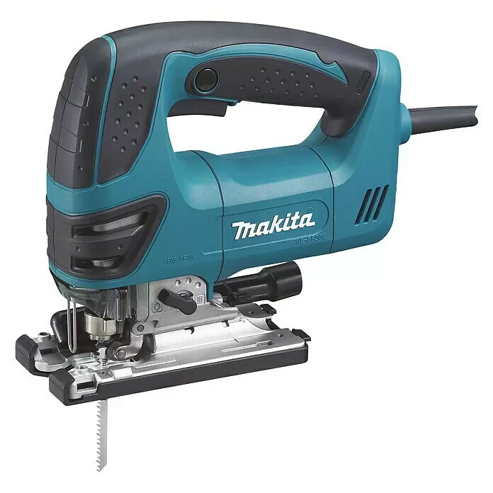 Makita Caladora eléctrica 4350FCTJ - 800 /min - 2.800 /min, Profundidad de corte máx. en madera: 135 mm, Número de niveles de elevación del péndulo: 4 ud. - Sierra de calar Makita, turquesa y negra, con base metálica y hoja de sierra.