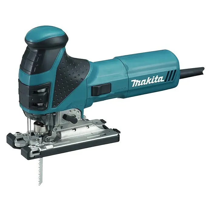 Makita Caladora eléctrica 4351FCTJ - 800 /min - 2.800 /min, Profundidad de corte máx. en madera: 135 mm, Número de niveles de elevación del péndulo: 4 ud. - Una sierra de calar Makita con un cuerpo turquesa y negro con una base de metal, diseñada para cortes precisos en diversos materiales.
