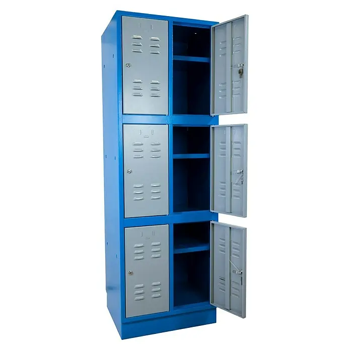 Güde Schließfachschrank - L x B x T: 50 x 60 x 50 cm, Anzahl Fächer: 6 Stk. - Blauer Metallschrank mit grauen Türen, einige davon geöffnet, bietet viel Stauraum. Perfekt für Ordnung.