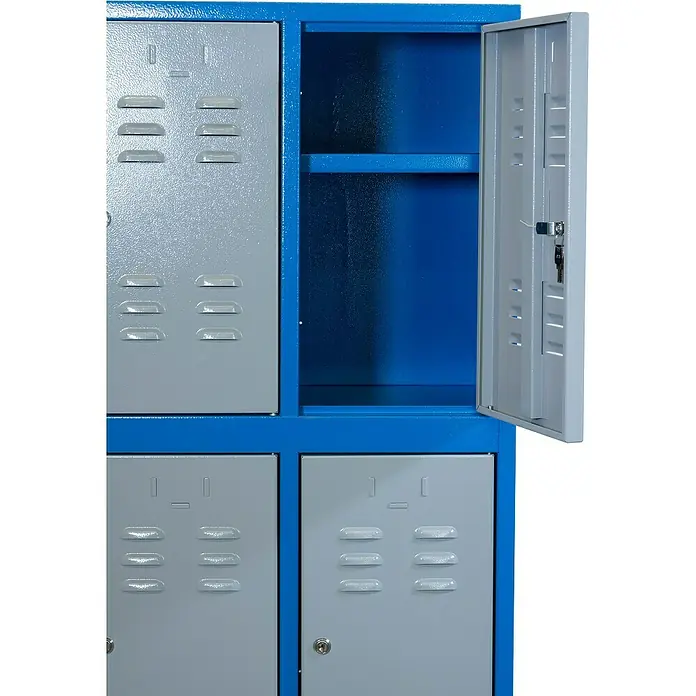 Güde Schließfachschrank - L x B x T: 50 x 60 x 50 cm, Anzahl Fächer: 6 Stk. - Blaue und graue Metallschränke, wobei eine Tür offen steht und das Innere mit einem Regal und einem Schlüssel sichtbar ist.