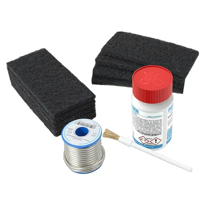 Löt-Set - 3 -tlg. - Lötzubehör-Set: Lötzinnrolle, Flussmittel, Pinsel und Schleifvlies für professionelle Lötarbeiten und perfekte Ergebnisse.