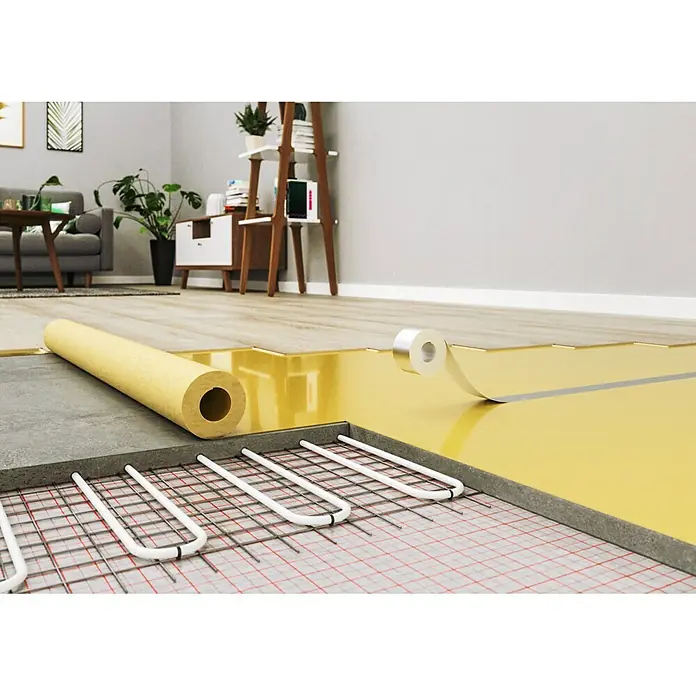 Dämmunterlage Profi Click-Vinyl & SPC8,5 m², Stärke: 1,4 mm - Bild eines Fußbodenheizungssystems mit Wärmedämmung und Laminat.