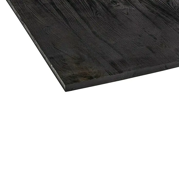 Exclusivholz Tischplatte Esche Salzburg - Esche, 200 x 80 x 2,6 cm - Nahaufnahme einer schwarzen Holzplatte mit sichtbarer Maserung. Die Oberfläche ist glatt und reflektierend, was die Details hervorhebt.