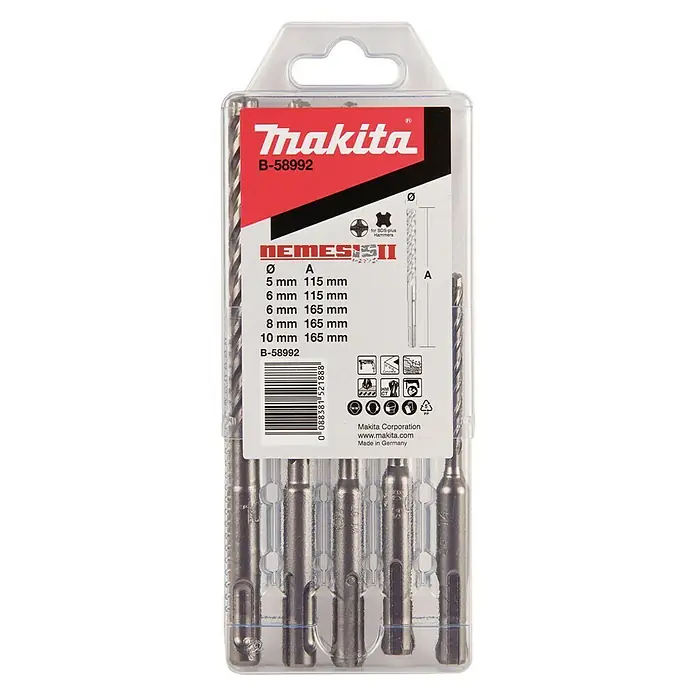 Makita Bohrer-Set Nemesis 2 - SDS Plus, 5 -tlg. - Makita B-58992 Nemesis II Bohrerset mit Durchmessern von 5 mm bis 10 mm, ideal für Hammerbohrer und verschiedenste Bohrarbeiten.