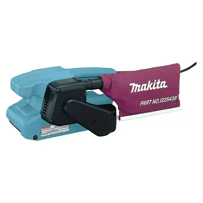 Makita Lijadora de banda eléctrica de sobremesa 9911J - 650 W - Lijadora de banda Makita azul claro con detalles negros y una bolsa de polvo morada.